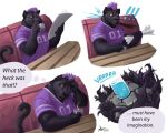  ! 5:4 anthro black_fur clothed clothing comic cup felid football_player fur hair holding_object jersey kygen male mammal pantherine purple_hair reading simple_background sitting solo spit-take surprise technology thought_bubble white_background 