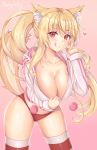  1girl animal_ear_fluff animal_ears bangs blonde_hair borrowed_character breasts buruma cat_ears cleavage collarbone copyright_request english_commentary eyebrows_visible_through_hair hair_between_eyes heart highres huge_breasts jacket kaptivate long_hair looking_at_viewer original panties pink_background red_eyes red_panties simple_background slit_pupils smile solo standing striped tail thighhighs tiffy tongue tongue_out underwear very_long_hair 