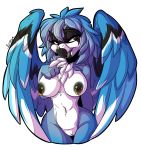  2019 alpha_channel anthro areola avian beak bird black_beak blue_feathers blue_hair blue_jay breasts corvid digital_media_(artwork) feathered_wings feathers female furkinghell hair hi_res jay_(bird) new_world_jay nipples non-mammal_breasts pussy simple_background solo transparent_background wings 
