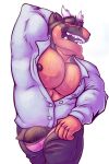  anthro barazoku barely_contained biceps big_penis bodily_fluids bottomwear bulge button_(disambiguation) chiderg chisuun claws clothed clothing digital_media_(artwork) dragon dress_shirt eyes_closed hand_behind_head hi_res horn male manly muscular muscular_male nipples open_mouth open_pants open_shirt pants pecs penis portrait sharp_teeth shirt simple_background solo spikes sweat teeth thick_penis three-quarter_portrait topwear underwear undressing walking 