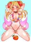  1girl :&lt; :o alternate_hairstyle armpits arms_behind_head arms_up ass_visible_through_thighs bang_dream! bangs barefoot bikini blonde_hair blue_background blush breasts cameltoe chino_machiko choker double_bun flower flower_necklace food fruit hair_flower hair_ornament innertube jewelry kneeling long_hair looking_at_viewer medium_breasts michelle_(bang_dream!) micro_bikini navel necklace nipples red_flower solo spread_legs sweat swimsuit topless tsurumaki_kokoro wet yellow_eyes 