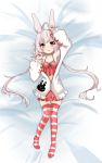  1girl ahoge animal_ear_fluff animal_ears arm_up armpits bunny_ears camisole choker crop_top dakimakura full_body hair_ornament hairclip hand_on_own_head highres jacket legs long_hair low_twintails lying midriff nail_polish off_shoulder on_back pink_eyes pink_hair red_camisole red_shorts short_shorts shorts solo striped striped_legwear tanikake_yoku tears thigh_gap thighhighs tomari_mari tomari_mari_channel twintails very_long_hair virtual_youtuber white_jacket 