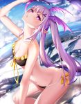 1girl absurdres amaroku_neko arknights ass bangs bare_arms bare_shoulders bikini black_bikini breasts cleavage cloud collarbone commentary_request eyebrows_visible_through_hair from_side head_wings highres long_hair looking_at_viewer navel outdoors pink_eyes pink_hair pointy_ears ribbon swimsuit tail thighs twintails yellow_bikini yellow_ribbon 