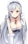  1girl absurdres apron azur_lane bangs bare_shoulders belfast_(azur_lane) braid breasts broken broken_chain chain cleavage closed_mouth collarbone commentary_request dress elbow_gloves eyebrows_visible_through_hair gloves grey_hair hair_between_eyes highres kohakope large_breasts leaning_forward long_hair maid maid_headdress purple_eyes simple_background smile solo very_long_hair white_apron white_background white_gloves 