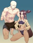  1boy 1girl abs bald bangs blue_swimsuit closed_eyes cropped_jacket cropped_legs earrings eyebrows_visible_through_hair facial_hair fate/grand_order fate_(series) forehead goatee hands_on_hips height_difference highres jewelry long_hair male_swimwear musashibo_benkei_(fate/grand_order) muscle navel open_mouth parted_bangs pectorals purple_eyes purple_hair rokkotsu side_ponytail single_strap swim_trunks swimsuit swimwear tankini ushiwakamaru_(fate/grand_order) ushiwakamaru_(swimsuit_assassin)_(fate) very_long_hair 