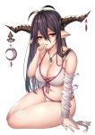  1girl antenna_hair bandaged_arm bandages bare_shoulders black_hair breasts cleavage collarbone crescent danua draph finger_to_mouth front-tie_bikini front-tie_top granblue_fantasy hair_between_eyes hand_up highres horn_ornament horns large_breasts long_hair looking_at_viewer navel pointy_ears red_eyes sidelocks simple_background sitting solo thighs white_background ym_(distance819) 