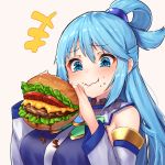  1girl aqua_(konosuba) blue_dress blue_eyes blue_hair blush breasts detached_sleeves dress eyebrows_visible_through_hair flesh food hair_ornament hamburger holding holding_food kono_subarashii_sekai_ni_shukufuku_wo! long_hair pensuke simple_background thighhighs tomato wavy_mouth white_background 