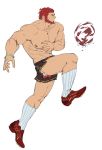  1boy abs bara beard bracelet chest facial_hair fate/grand_order fate/zero fate_(series) football jewelry male_focus muscle nipples pectorals red_eyes red_hair rider_(fate/zero) shorts socks solo sportswear topless underwear vv404notfound white_background 