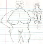  anthro balls big_breasts breasts duo female fur hi_res invalid_tag larger_female looking_at_viewer male mammal nipples nude penis platracc procyonid raccoon simple_background size_difference smaller_male smile smug standing ursid 