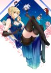  1girl absurdres ahoge alternate_costume arthur_pendragon_(fate) artoria_pendragon_(all) bangs black_footwear black_gloves black_legwear black_shorts blonde_hair blue_bow blue_dress bow braided_bun breasts character_doll character_request cherry_blossoms cleavage_cutout closed_mouth dress elbow_gloves eyebrows_visible_through_hair fate/grand_order fate_(series) full_body gloves green_eyes hair_between_eyes hair_bow high_heels highres kotatsu_kaya mash_kyrielight medium_breasts merlin_(fate) mordred_(fate) mordred_(fate)_(all) print_shorts pumps saber shiny shiny_hair short_hair short_shorts shorts shorts_under_dress sidelocks sleeveless sleeveless_dress smile solo thighhighs white_background zettai_ryouiki 