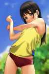  1girl absurdres arm_across_chest bangs bare_arms bare_shoulders black_hair blue_sky blurry blurry_background breasts brown_eyes buruma cloud covered_mouth cowboy_shot day depth_of_field eyebrows_visible_through_hair highres long_hair looking_at_viewer matsunaga_kouyou original outdoors red_buruma shirt sky sleeveless sleeveless_shirt small_breasts solo standing stretch yellow_shirt 