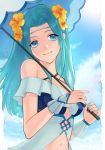  1girl aqua_hair blue_eyes blue_sky closed_mouth cloud fiora_(fire_emblem) fire_emblem fire_emblem:_the_blazing_blade fire_emblem_heroes flower hair_flower hair_ornament holding holding_umbrella long_hair sky smile solo swimsuit umbrella upper_body youheiogm 