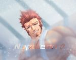  1boy 297653 bara beard blue_eyes brown_hair censored chest english_text facial_hair fate/grand_order fate_(series) male_focus muscle napoleon_bonaparte_(fate/grand_order) pectorals sauna scar simple_background smile solo sweatdrop teeth topless towel upper_body 