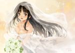  1girl alternate_costume bare_shoulders black_hair blush bouquet breasts brown_eyes cleavage dress flower kantai_collection long_hair looking_at_viewer medium_breasts multicolored multicolored_background open_mouth shouhou_(kantai_collection) solo toka_(marchlizard) wedding wedding_dress white_dress white_flower 