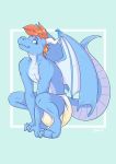  2019 anthro bluescales bodily_fluids crouching diaper dracky dragon genital_fluids hair hi_res male orange_hair scalie simple_background solo urine wet_diaper wetting 