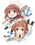  2girls anchor black_legwear black_sailor_collar brown_hair chibi compass dress fang fish folded_ponytail full_body hair_ornament hairclip highres hizuki_yayoi ikazuchi_(kantai_collection) inazuma_(kantai_collection) kantai_collection kneehighs looking_at_viewer map multiple_girls neckerchief oar open_mouth red_neckwear sailor_collar sailor_dress scallop short_hair skin_fang smile starfish white_background white_dress 