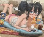  1girl ass black_hair blue_eyes blush borrowed_character brand_name_imitation breasts cleavage controller cup drinking_straw eating fang food game_controller glasses highres indoors large_breasts long_hair looking_at_viewer lying mouth_hold on_stomach original panties pink_panties pizza pizza_box pringles shiny shiny_hair shiny_skin solo tank_top twintails underwear yohan1754 
