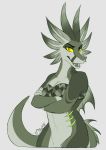  2018 anthro breasts citrinelle digital_media_(artwork) female hi_res lizard non-mammal_breasts orange_eyes reptile scalie simple_background solo white_background yellow_sclera 
