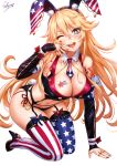  1girl :d ;d all_fours american_flag_legwear american_flag_neckwear animal_ears bangs bare_shoulders bikini black_bikini black_footwear blonde_hair blue_eyes blue_nails blush breasts bunny_ears bunny_tail cleavage crop_top detached_collar earrings eyebrows_visible_through_hair fake_animal_ears fake_tail fingerless_gloves garter_belt garter_straps gloves gold hair_between_eyes high_heels highres iowa_(kantai_collection) jewelry kantai_collection large_breasts long_hair multiple_rings necktie one_eye_closed open_mouth red_nails sakiyamama side-tie_bikini sidelocks simple_background smile solo star star-shaped_pupils star_earrings star_tattoo swimsuit symbol-shaped_pupils tail tattoo thighhighs white_background 