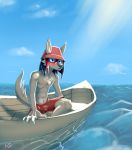  bison_black blush canid canine canis clothing coyote hi_res leo mammal solo swimwear water 