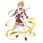  1girl asuna_(sao) beam_saber black_gloves brown_eyes brown_hair closed_mouth dress fingerless_gloves floating_hair folded_ponytail full_body gloves highres holding holding_sword holding_weapon looking_at_viewer official_art red_vest ribbed_sweater shiny shiny_hair sidelocks smile solo standing sweater sweater_dress sword sword_art_online thighhighs tied_hair transparent_background vest weapon white_legwear zettai_ryouiki 