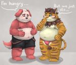  2019 anthro aotoaka belly blue_eyes blush bottomwear canid canine canis clothing cub cute_fangs domestic_dog duo felid fundoshi fur humanoid_hands japanese_clothing male mammal moobs navel nipples overweight overweight_male pantherine shorts simple_background tiger underwear yellow_fur young 