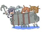  4girls akatsuki_(kantai_collection) anchor anchor_print bangs black_legwear blue_eyes blush brown_eyes brown_hair elite_unchi eyebrows_visible_through_hair flat_cap folded_ponytail full_body hair_between_eyes hair_ornament hairclip hat hibiki_(kantai_collection) holding_anchor ikazuchi_(kantai_collection) inazuma_(kantai_collection) jitome kantai_collection kneehighs long_hair long_sleeves looking_to_the_side machinery multiple_girls purple_eyes purple_hair rigging school_uniform serafuku shadow shield silver_hair simple_background smile torpedo torpedo_launcher torpedo_tubes turret white_background white_hair 