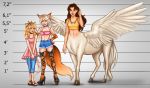  3girls aerodynamict bangle bikini blonde_hair boots bracelet brown_eyes brown_hair cat_girl cat_tail centaur character_chart choker commission commissioner_upload crop_top cross-laced_footwear denim dress feathered_wings fox_girl fox_tail green_eyes height_chart highres hybrid jeans jewelry lace-up_boots looking_at_another looking_at_viewer monster_girl multicolored_hair multiple_girls necklace original pants sandals short_shorts shorts size_comparison smile spread_wings streaked_hair swimsuit tail white_hair wings 