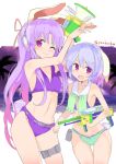  2girls :d ;) animal_ears arms_up artist_name bangs bare_arms bare_shoulders bikini blue_bikini_top blue_hair blush breasts bunny_ears bunny_tail commentary_request cowboy_shot green_bikini_bottom hair_ribbon holding_water_gun holster long_hair looking_at_viewer lunatic_gun mismatched_bikini multiple_girls navel one_eye_closed open_mouth pink_ribbon purple_bikini purple_hair puuakachan red_eyes reisen reisen_udongein_inaba ribbon short_hair small_breasts smile standing swimsuit tail thigh_holster thighs touhou twitter_username very_long_hair water_gun white_background 
