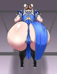  1girl anus_peek ass back blue_dress bracelet brown_hair bun_cover buttjob cameltoe china_dress chinese_clothes chun-li cleft_of_venus double_bun dress earrings from_behind highres jewelry ml pelvic_curtain sash side_slit solo spiked_bracelet spikes standing street_fighter sweat thighhighs thighs thong 