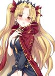  1girl asymmetrical_sleeves bangs blonde_hair blush bow breasts cape cleavage commentary_request earrings ereshkigal_(fate/grand_order) eyebrows_visible_through_hair fate/grand_order fate_(series) hair_ribbon jewelry large_breasts long_hair looking_at_viewer nagiyamasugi parted_bangs red_cape red_eyes red_ribbon ribbon simple_background skull solo two_side_up white_background 