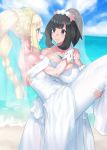  2girls bangs bare_shoulders black_eyes black_hair blonde_hair blunt_bangs braid bridal_veil bride carrying couple dress elbow_gloves flower formal french_braid gloves green_eyes hair_flower hair_ornament high_ponytail highres jewelry lillie_(pokemon) long_hair mizuki_(pokemon) mizuumi_(bb) multiple_girls pokemon pokemon_(game) pokemon_sm princess_carry ring short_hair strapless strapless_dress veil wedding wedding_dress white_dress white_flower white_gloves wife_and_wife yuri 