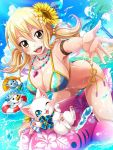  1girl :d armlet armpits bikini blonde_hair blue_eyes blue_ribbon blue_sky breasts cat cleavage cloud collarbone day eyebrows_visible_through_hair fairy_tail flower gradient_hair hair_between_eyes hair_flower hair_ornament hair_ribbon happy_(fairy_tail) hibiscus_print highres innertube jewelry large_breasts long_hair looking_at_viewer lucy_heartfilia male_swimwear multicolored_hair necklace ocean one_eye_closed open_mouth outdoors outstretched_arm outstretched_hand palm_tree pink_hair plue ribbon side-tie_bikini sideboob sky smile sparkle sunlight swimsuit swimwear tree yellow_eyes yellow_flower yellow_ribbon 