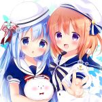  2girls :d anchor_symbol angora_rabbit animal bangs beret blue_bow blue_dress blue_eyes blue_flower blue_hair blue_sailor_collar blush bow bowtie brown_hair bug bunny butterfly commentary_request dress eyebrows_visible_through_hair flower gochuumon_wa_usagi_desu_ka? hair_between_eyes hair_bow hat hoto_cocoa insect kafuu_chino long_hair multiple_girls open_mouth outstretched_arm parted_lips puffy_short_sleeves puffy_sleeves purple_eyes red_bow red_neckwear rikatan sailor_collar sailor_hat short_sleeves smile striped striped_bow tippy_(gochiusa) v white_dress white_headwear white_sailor_collar 