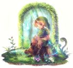  1boy 1girl belt blonde_hair blue_eyes boots fairy fairy_wings flower forest grass green_tunic instrument link nature navi ocarina phrygian_cap pointy_ears pond poroi_(poro586) smile the_legend_of_zelda the_legend_of_zelda:_ocarina_of_time tree_stump tunic wings young_link 