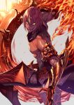  1boy abs angry armor ashwatthama_(fate/grand_order) cowboy_shot dark_skin dark_skinned_male fate/grand_order fate_(series) fire gloves grey_background heirou looking_at_viewer male_focus open_mouth red_armor red_gloves red_hair shirtless simple_background smile solo weapon yellow_eyes 