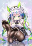  1girl akaza animal_ears ass black_legwear blue_hair breasts detached_sleeves green_eyes green_hair large_breasts maid maid_headdress multicolored_hair original panties panties_under_pantyhose pantyhose purple_hair silver_hair sitting sleeves_past_wrists smile solo twintails underwear 