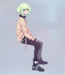  1boy artist_request blonde_hair full_body green_hair highres lio_fotia looking_at_viewer male_focus pants promare purple_eyes short_hair simple_background solo sweater white_background 