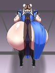  1girl ass back blue_dress bracelet brown_hair bun_cover buttjob cameltoe china_dress chinese_clothes chun-li cleft_of_venus double_bun dress earrings from_behind highres jewelry ml pelvic_curtain penis_shadow sash side_slit spiked_bracelet spikes standing street_fighter thighhighs thighs thong 
