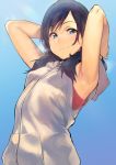  1girl amano_hina_(tenki_no_ko) armpits arms_behind_head arms_up bare_arms bare_shoulders black_hair blue_background blue_eyes breasts breath commentary_request gradient gradient_background hood hood_down hoodie iku_(ikuchan_kaoru) long_hair looking_at_viewer sleeveless sleeveless_hoodie small_breasts smile solo sweat tenki_no_ko upper_body 