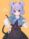  1girl ahoge akagashi_hagane animal_ears bangs black_skirt blush capelet commentary cowboy_shot dated grey_hair hand_on_hip hand_up jewelry light_smile long_sleeves looking_at_viewer medium_hair mouse mouse_ears mouse_girl mouse_tail nazrin orange_background pendant purple_eyes simple_background skirt skirt_set solo tail touhou translated 