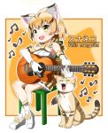  1girl :d animal animal_ear_fluff animal_ears bare_shoulders blonde_hair bow bow_footwear bowtie cat cat_ears chair commentary_request crossed_legs elbow_gloves extra_ears eyebrows_visible_through_hair fang full_body gloves guitar instrument kemono_friends music musical_note open_mouth outline playing_instrument print_gloves print_legwear print_neckwear print_skirt sand_cat sand_cat_(kemono_friends) sand_cat_print scientific_name shirt shoes short_hair sitting skirt sleeveless sleeveless_shirt smile socks solo sumiiisu2324 white_footwear white_outline white_shirt yellow_eyes 