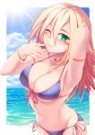  1girl bare_arms bare_shoulders beach bikini blonde_hair blue_bikini blue_sky breasts choker collarbone commentary dark_magician_girl duel_monster english_commentary green_eyes hair_between_eyes highres large_breasts long_hair looking_at_viewer navel one_eye_closed outdoors side-tie_bikini sky solo sun swimsuit thealagator tongue tongue_out water yuu-gi-ou 