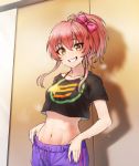  1girl bangs black_shirt bow collarbone cowboy_shot crop_top crop_top_overhang gym_shorts hair_between_eyes hair_bow hands_on_hips highres idolmaster idolmaster_cinderella_girls indoors jougasaki_mika kakaobataa long_hair looking_at_viewer midriff navel pants pink_bow pink_hair ponytail purple_pants shirt short_sleeves shorts sidelocks smile solo stomach yellow_eyes 