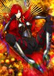  1girl black_gloves bow breastplate cape fate/grand_order fate_(series) gauntlets gloves greaves grin hair_over_one_eye high_heels long_hair looking_at_viewer oda_nobunaga_(maou_avenger)_(fate) red_eyes red_hair sami_(object_dump) sitting smile solo spread_legs very_long_hair 