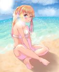 1girl absurdres bare_shoulders barefoot beach blonde_hair blue_eyes breasts chestnut_mouth cleavage cloud crossed_legs dongkas highres lens_flare looking_at_viewer navel ocean onishima_homare sitting solo sounan_desuka? sun swimsuit 