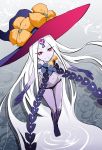  1girl abigail_williams_(fate/grand_order) barefoot fate_(series) hat keyhole long_hair looking_at_viewer navel panties purple_panties purple_skin revealing_clothes ripples smile solo taichi underwear very_long_hair water white_hair witch_hat 