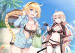  2girls ass_visible_through_thighs bikini bikini_under_clothes black_bikini black_gloves black_hairband blonde_hair blue_eyes blue_jacket blue_sky braid breasts building cleavage cloud commentary_request day drawstring fate/grand_order fate_(series) gloves groin hair_ornament hairband hand_up hood hood_down hooded_jacket jacket jeanne_d&#039;arc_(alter_swimsuit_berserker) jeanne_d&#039;arc_(fate)_(all) jeanne_d&#039;arc_(swimsuit_archer) katana large_breasts long_hair long_sleeves mashiro_aa medium_breasts multiple_girls navel outdoors palm_tree sheath sheathed shrug_(clothing) single_braid sky standing swimsuit sword tree very_long_hair water weapon white_hair yellow_eyes 