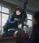  1boy 1girl bipod black_hair blood cape commentary corpse crazy_smile death desk glasses gloves gun guro headset highres holding holding_gun holding_weapon indoors jacket looking_at_viewer original purple_eyes rain rifle school_desk semi-rimless_eyewear short_hair sitting sniper_rifle thighhighs tom-neko_(zamudo_akiyuki) track_jacket weapon weapon_request wet wet_clothes window 