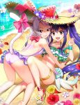  2girls :3 :d all_fours animal_ears arm_strap backless_swimsuit barefoot beach bikini blue_flower blue_hair bow breasts brown_eyes cat_ears cat_tail charle_(fairy_tail) closed_mouth fairy_tail floating_hair flower green_bikini hair_between_eyes hair_bow hat hat_bow hat_flower highres long_hair looking_at_viewer multiple_girls open_mouth outdoors pink_bow pink_swimsuit purple_bow purple_flower red_bow shiny shiny_hair silver_hair small_breasts smile sparkle straw_hat sun_hat swimsuit tail tail_bow thighlet twintails very_long_hair wendy_marvell yellow_headwear 